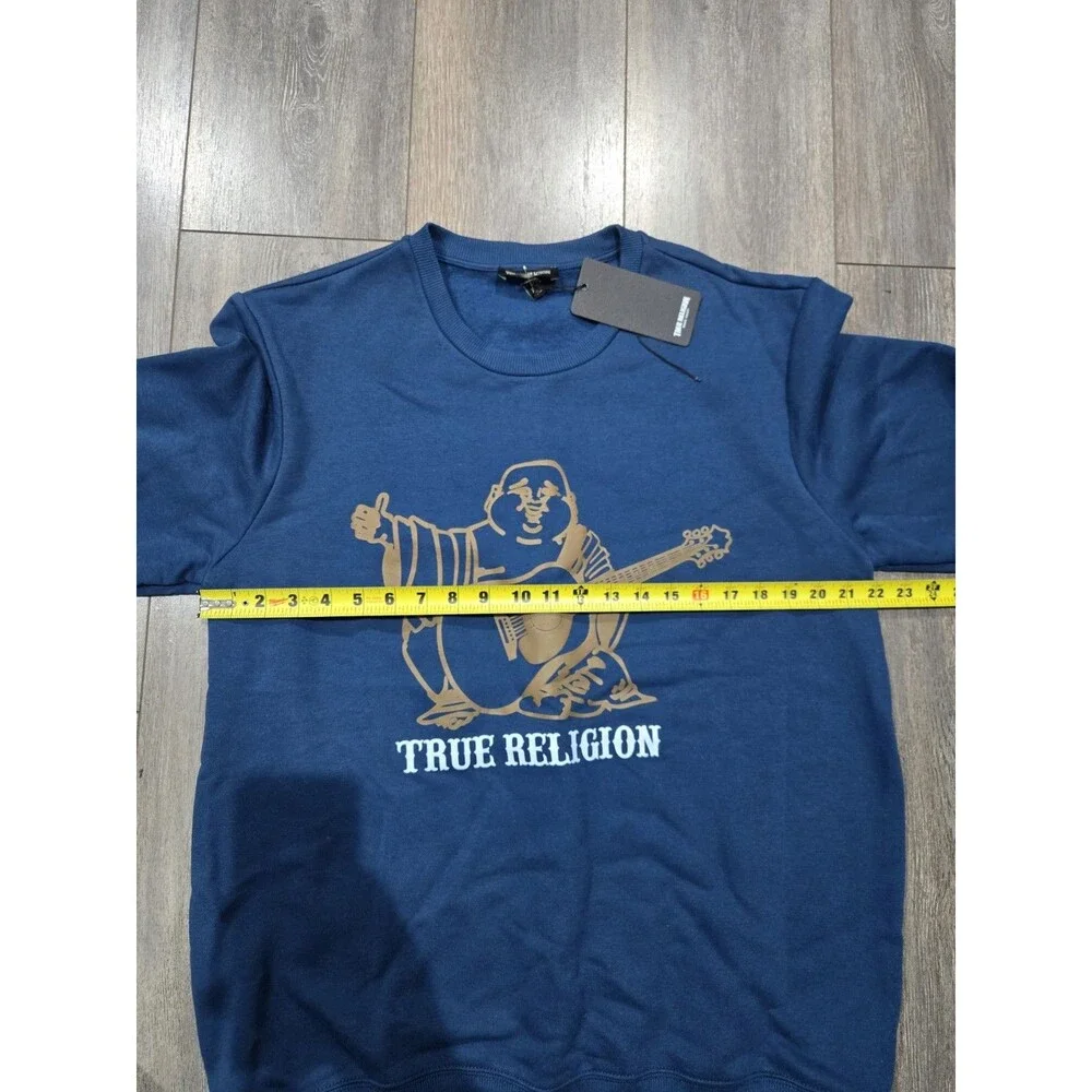 True Religion NWT Mens XL Blue Crewneck Sweatshirt Buddha Guitar Graphic